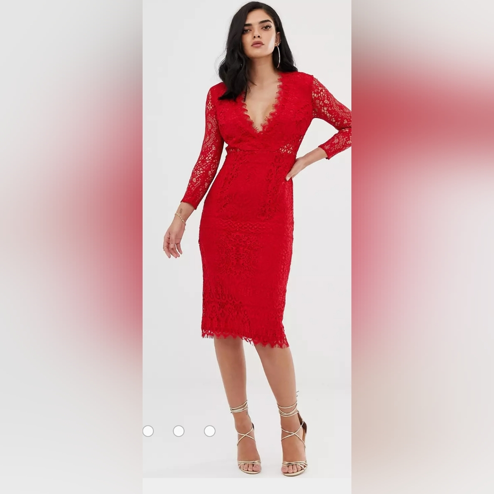 ASOS Long Sleeve Lace Midi Pencil Dress- Hot red / US 6 - NEW WITH TAGS
